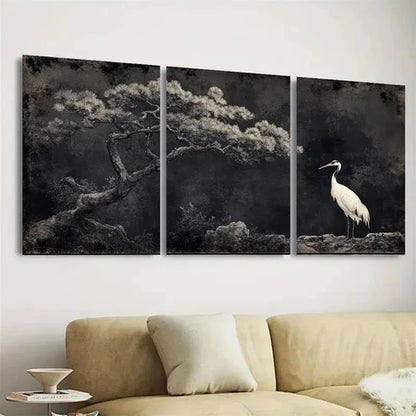 3pcs Minhwa Pine Tree & Cranes Wall Art Set Canvas Unframed - High Quality Print 100% Australian Made Wall Canvas