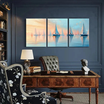 3pcs Sailing Boats Serene Ocean Pastel Sky Metal Print Ready to Hang Art - Bella Home Decor