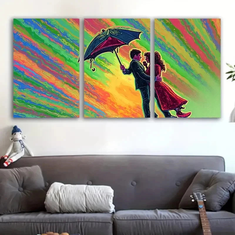 3pcs Couple Under Rainbow Umbrella Scene Wall Art Set Canvas Framed 60x90cm - High Quality Print 100% Australian Made Wall Canvas Ready to Hang - Bella Home Decor