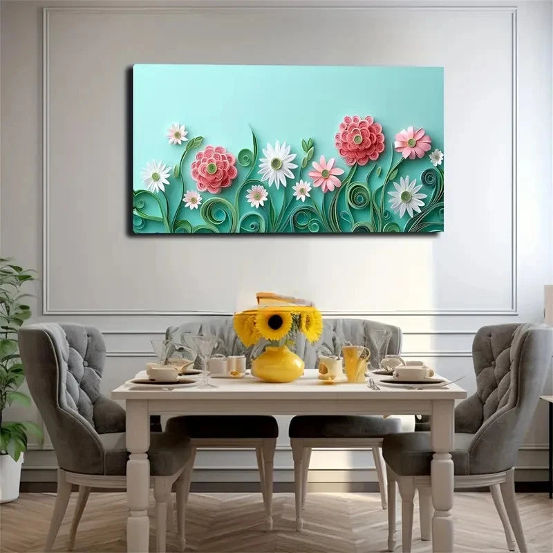 Pink White Flowers  Green Curly Wall Art Canvas Office Home Room Framed 120x60cm