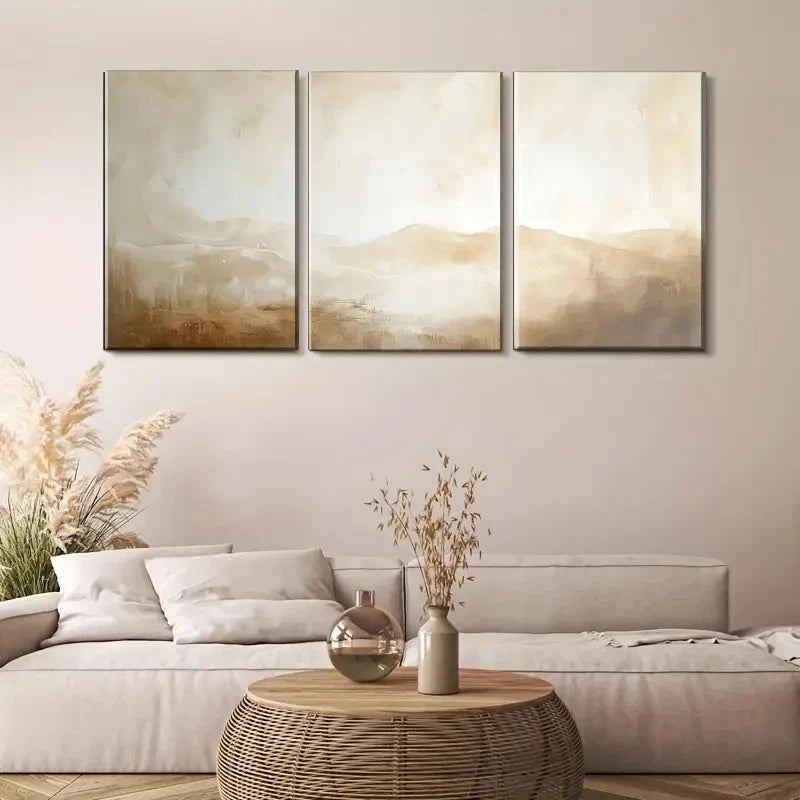 3pcs Abstract Landscape Tones of Brown Beige Metal Print Ready to Hang Art - Bella Home Decor