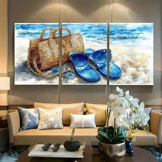 3pcs Navy Blue Fashion Glasses Beach Bag Flip Flop Metal Print Ready to Hang Art