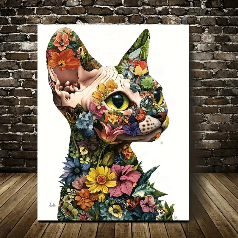 Vibrant Floral Sphynx Kitten Colorful Flowers Painting 40x60cm Metal Print Ready to Hang - Bella Home Decor