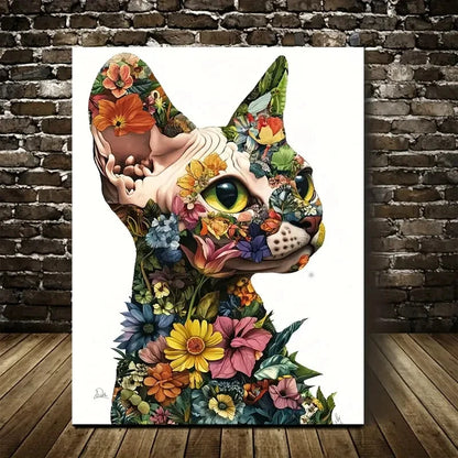 Vibrant Floral Sphynx Kitten Colorful Flowers Painting 40x60cm Metal Print Ready to Hang - Bella Home Decor