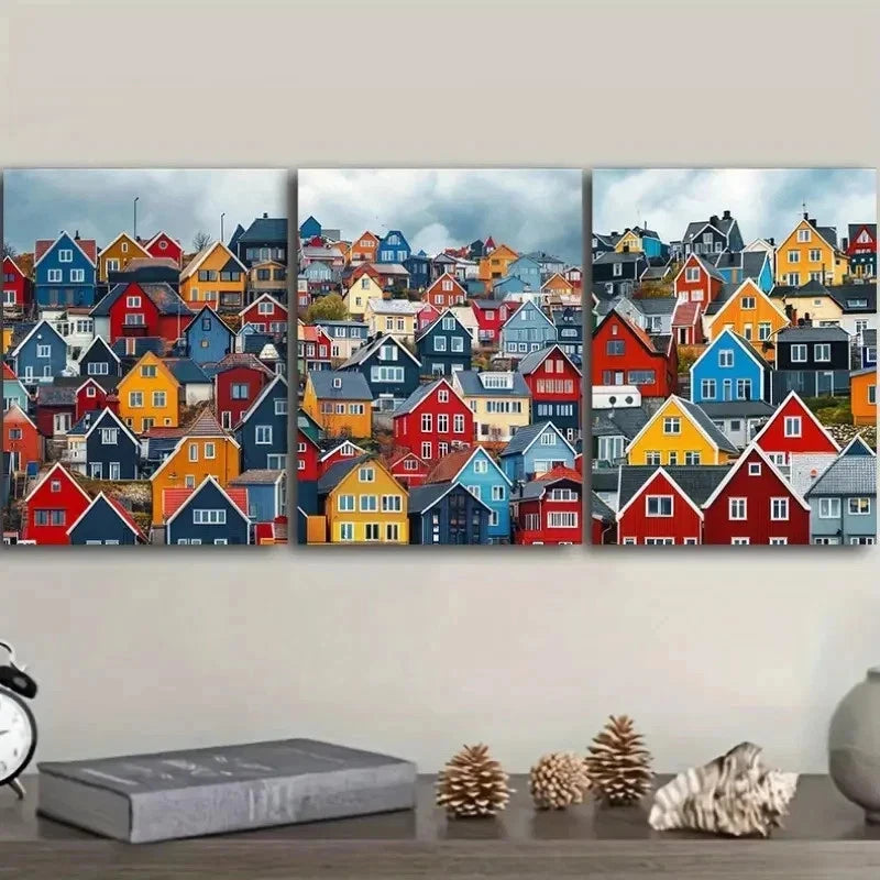 3pcs Colorful Houses Painting Decor Wall Art Set Canvas Framed 50x70cm - High Quality Print 100% Australian Made Wall Canvas Ready to Hang - Bella Home Decor