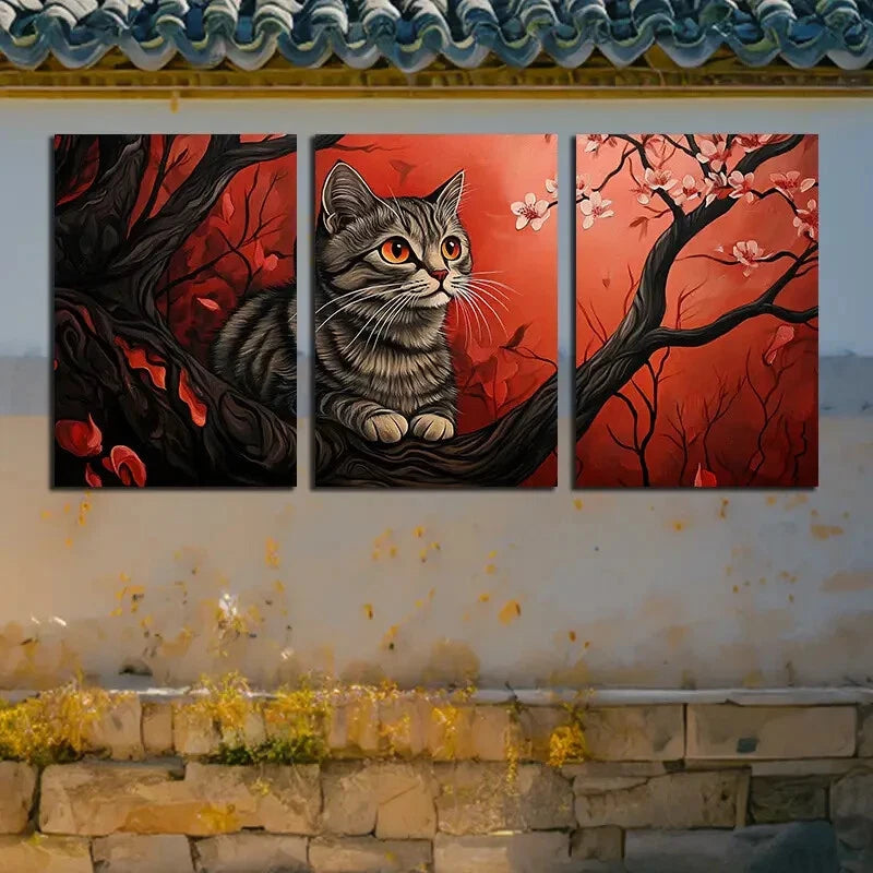 3pcs Charming Cat on Cherry Tree Metal Print Ready to Hang Art - Bella Home Decor