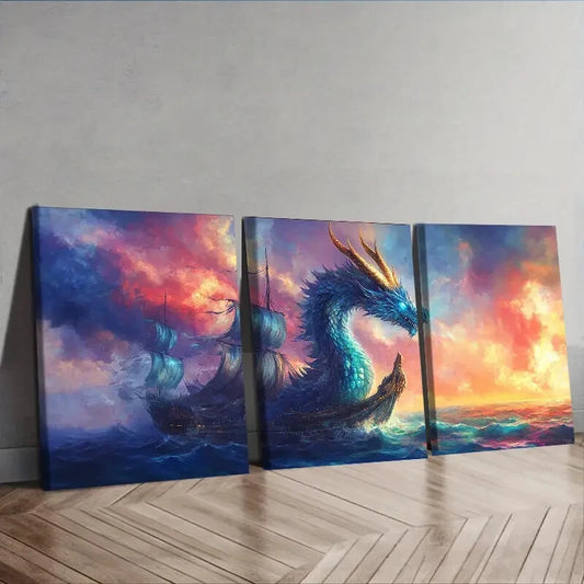 3pcs Blue Dragon on Boat Wall Art Set Canvas Framed 40x60cm - High Quality Print 100% Australian Made Wall Canvas Ready to Hang
