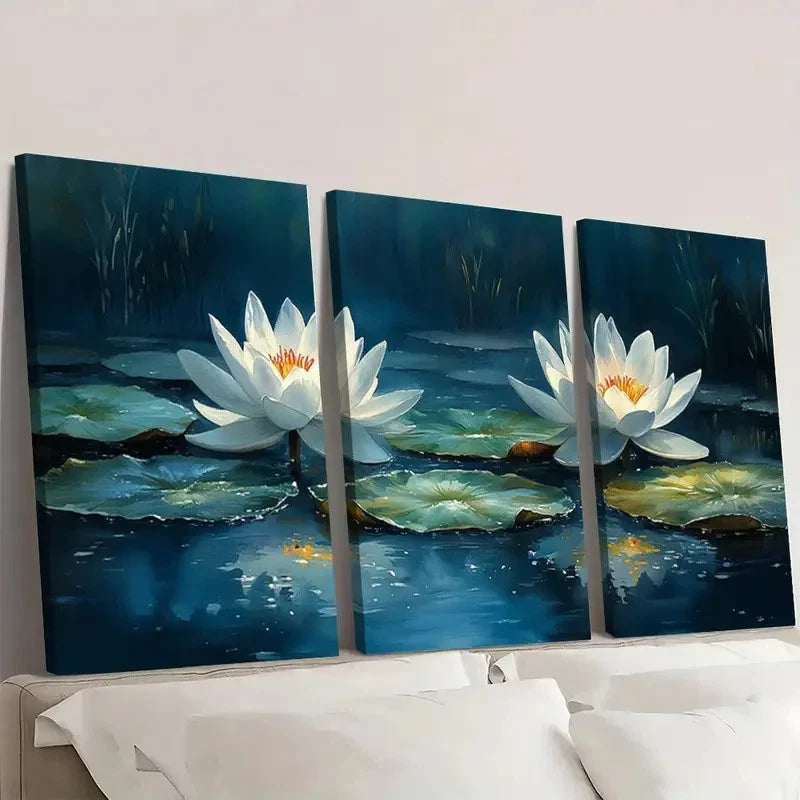 3pcs White for Lotus Watercolor tr   Wall Art Set Canvas Framed 60x90cm - High Quality Print 100% Australian Made Wall Canvas Ready to Hang - Bella Home Decor