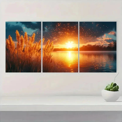 3pcs Golden Sunset Teal Sky & Silhouetted Grass Metal Print Ready to Hang Art - Bella Home Decor
