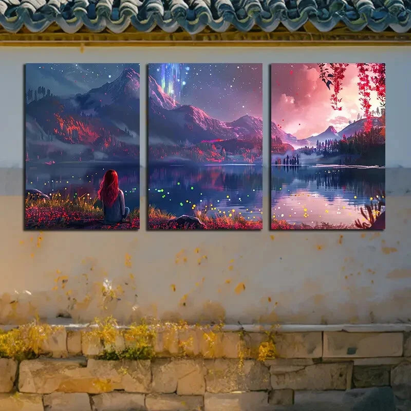 3pcs Aurora Borealis & Scenic Lake Design Metal Print Ready to Hang Art