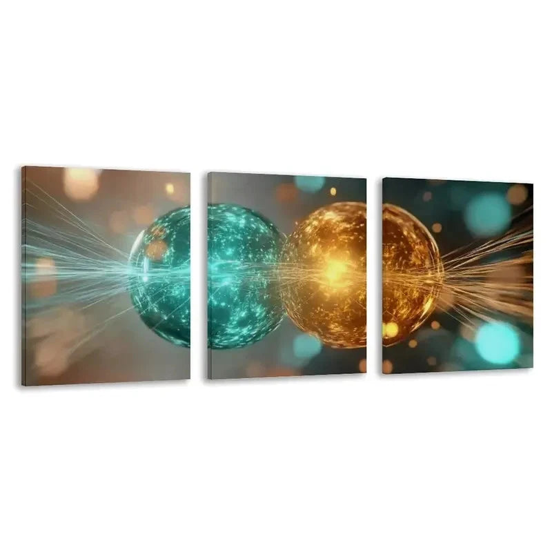 3pcs Abstract Two Spheres with Light Golden  Wall Art Set Canvas Framed 60x90cm - High Quality Print 100% Australian Made Wall Canvas Ready to Hang - Bella Home Decor