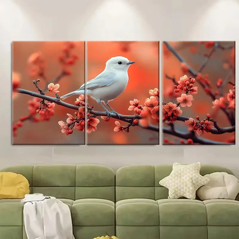 3pcs Ethereal White Bird Cherry Blossom Metal Print Ready to Hang Art