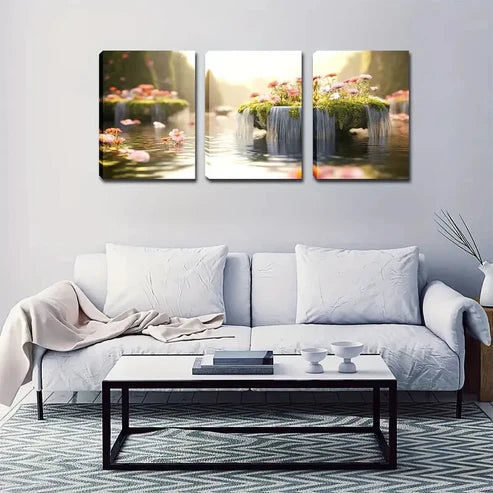 3pcs Waterfall & Green Island Décor Perfect Wall Art Canvas Unframed - High Quality Print 100% Australian Made Wall Canvas