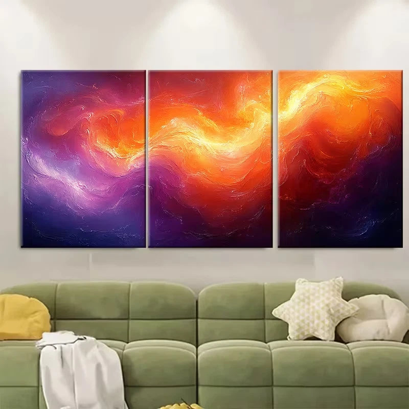 3pcs Abstract Swirling Orange and Purple Flowing Metal Print Ready to Hang Art - Bella Home Decor