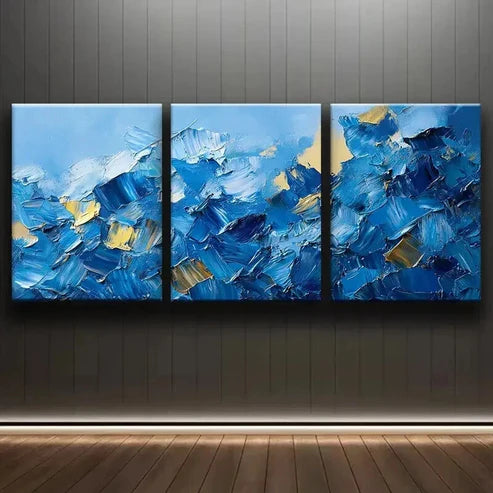 3pcs Abstract Blue & Golden Oil Painting Wall Art Canvas Unframed - High Quality Print 100% Australian Made Wall Canvas - Bella Home Decor