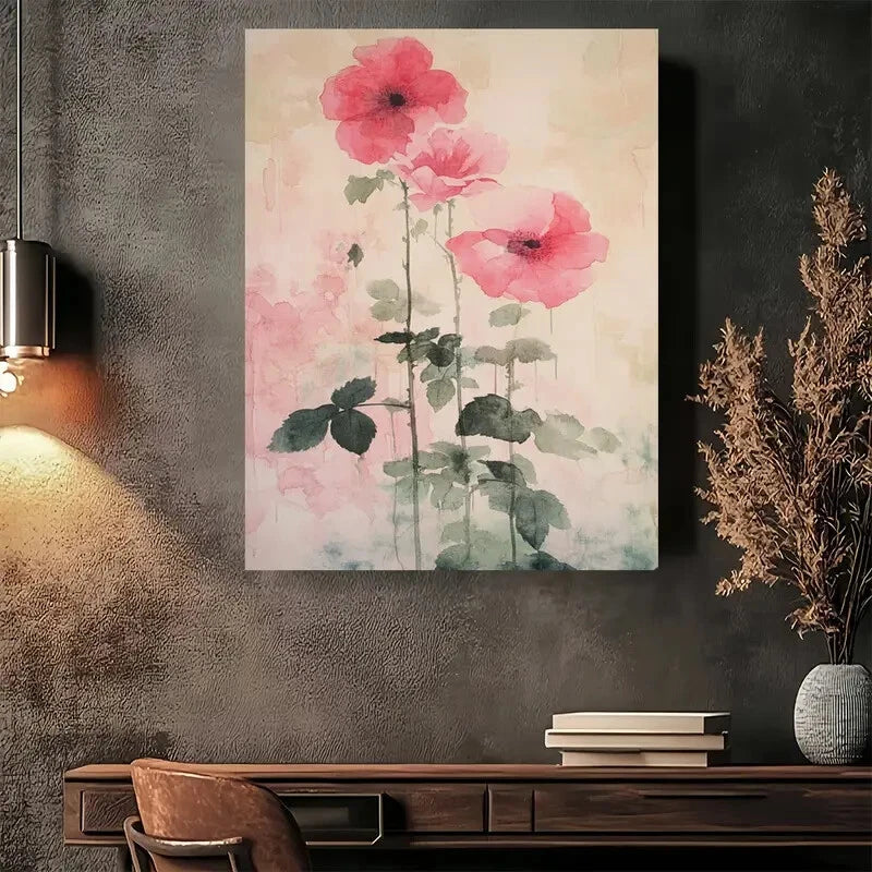 Beautiful Pink Roses and Green Leaves Painting 40x60cm Metal Print Ready to Hang - Bella Home Decor