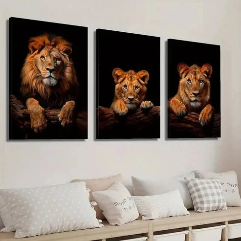 3pcs Lion & Cub Portrait on Dark Background Wall Art Set Canvas Unframed - High Quality Print 100% Australian Made Wall Canvas