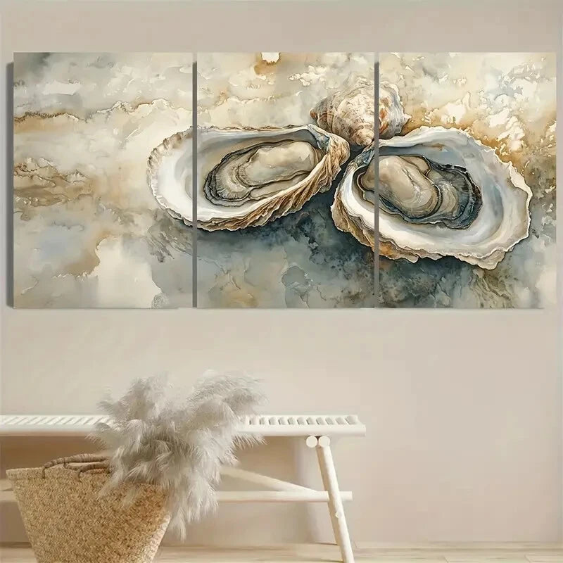 3pcs Oyster Shell Coastal Illustration Metal Print Ready to Hang Art