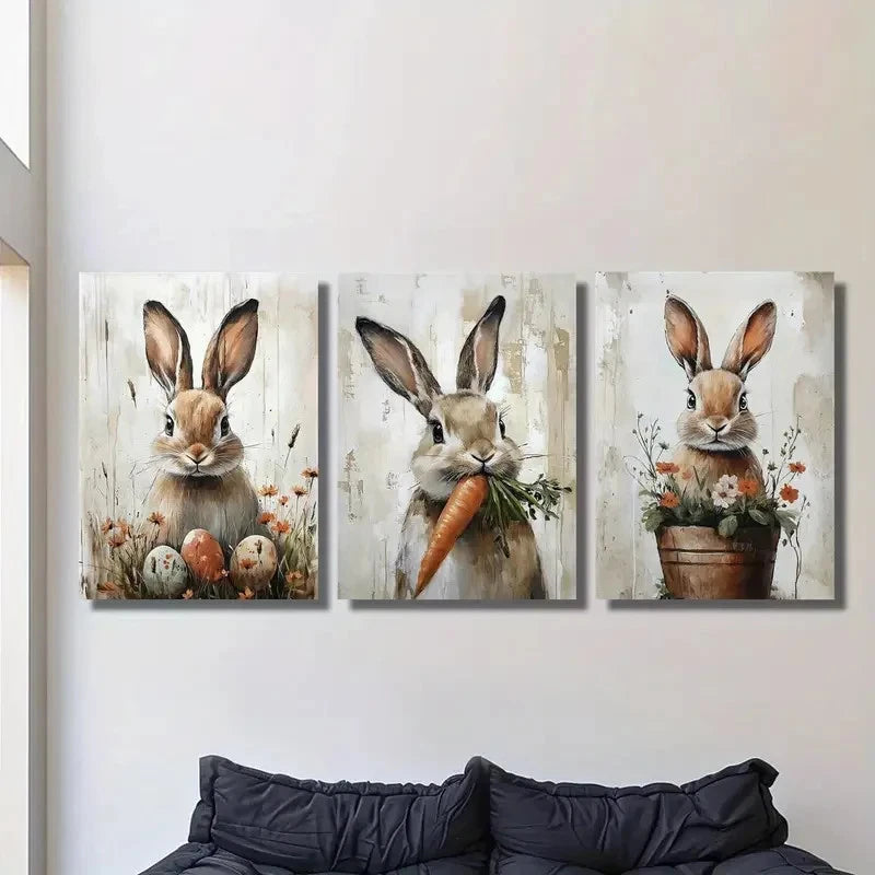 3pcs Vibrant Spring Floral Featuring Rabbits Metal Print Ready to Hang Art - Bella Home Decor