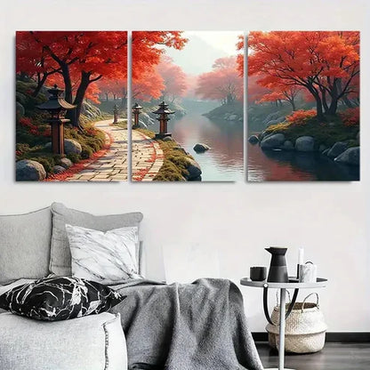 3pcs Vibrant Foliage & Calming River Scene Wall Art Canvas Unframed - High Quality Print 100% Australian Made Wall Canvas
