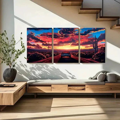 3pcs Sunset Strip & Sports Car Modern Wall Art Set Canvas Unframed - High Quality Print 100% Australian Made Wall Canvas