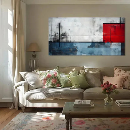 Red Blue & White Geometric Wall Art Canvas Office Home Room Framed 120x60cm