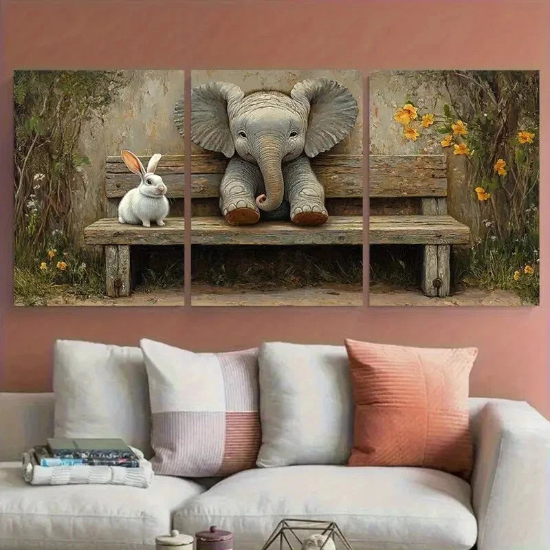 3pcs Whimsical Elephant and Rabbit Bench Metal Print Ready to Hang Art - Bella Home Decor