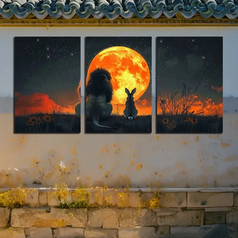 3pcs Vibrant Silhouette of Lions and Rabbit Metal Print Ready to Hang Art - Bella Home Decor