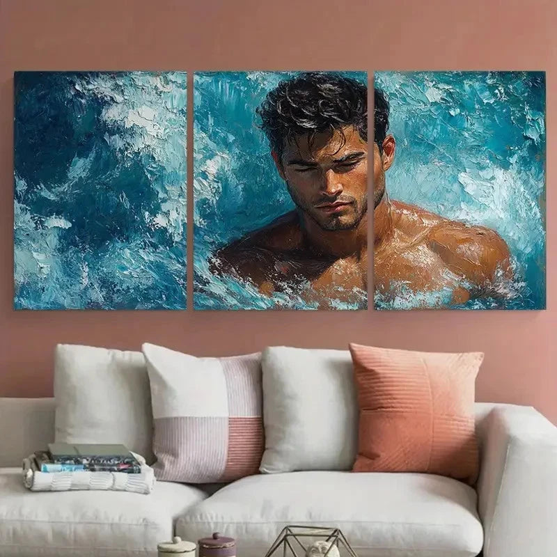 3pcs Mermaid Male Body Men in water Illustration Metal Print Ready to Hang Art - Bella Home Decor