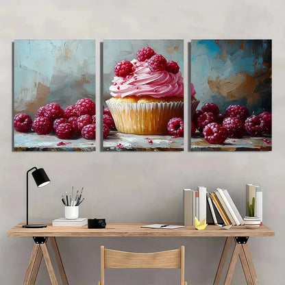 3pcs Berries Cupcake Dessert Neutral Perfect Wall Art Set Canvas Framed 40x60cm - High Quality Print 100% Australian Made Wall Canvas Ready to Hang - Bella Home Decor