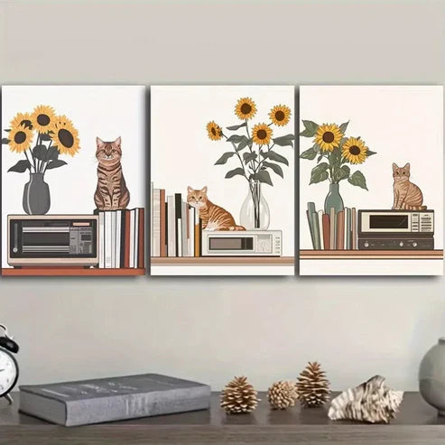 3pcs Cat Is Sitting On The Table Wall Art Canvas Unframed - High Quality Print 100% Australian Made Wall Canvas - Bella Home Decor
