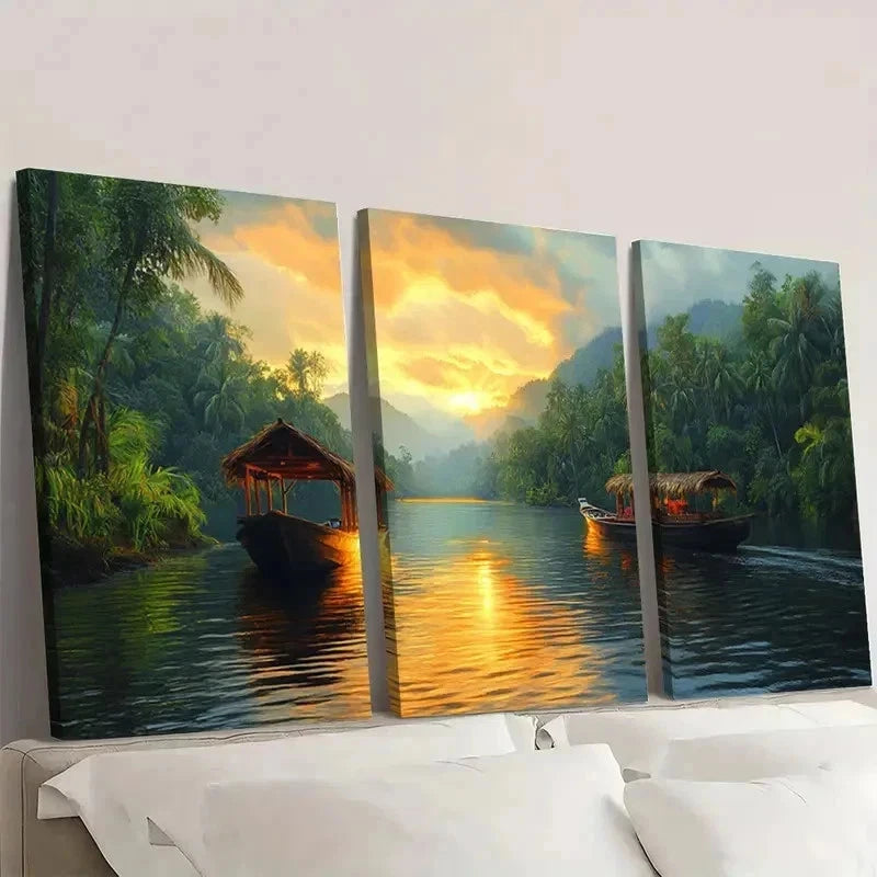 3pcs Kwai River Sunset Tropical Thailand HJ     Wall Art Set Canvas Framed 40x60cm - High Quality Print 100% Australian Made Wall Canvas Ready to Hang