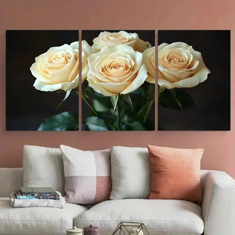 3pcs White Rose Bouquet in Black Background Metal Print Ready to Hang Art - Bella Home Decor