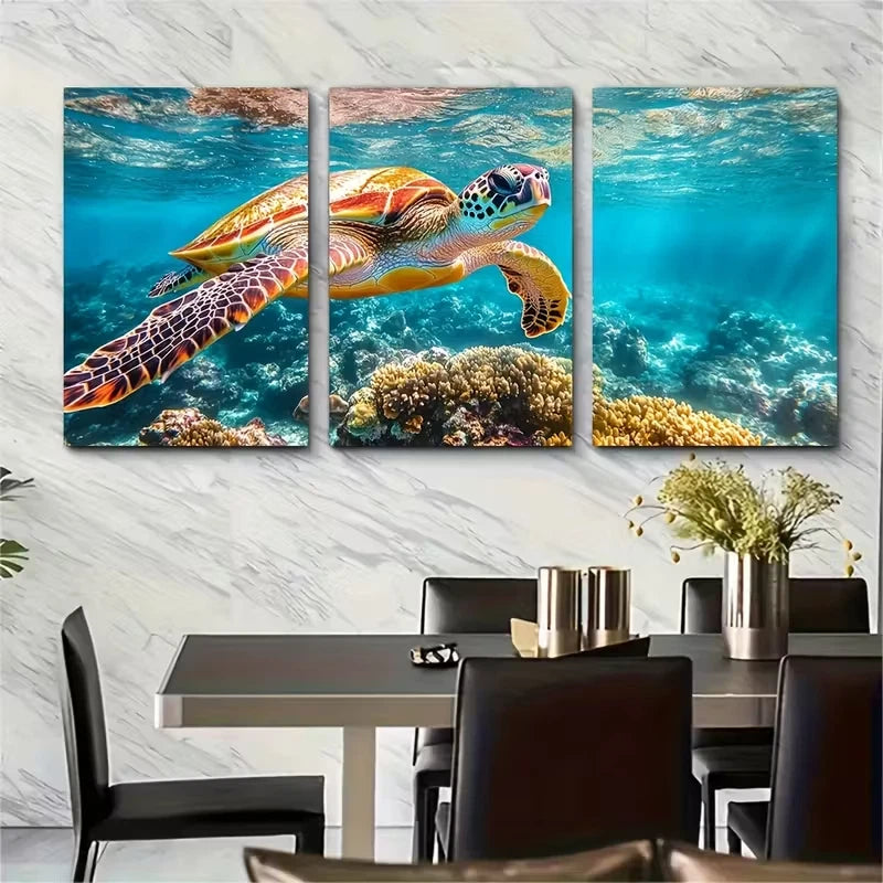 3pcs Turtle Swimming in Reef Islands Metal Print Ready to Hang Art