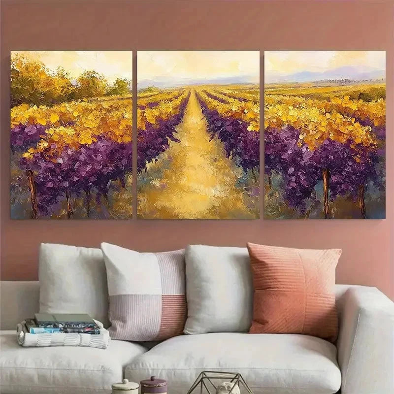 3pcs Plum Purple Goldenrod Yellow Sage Green Wall Art Set Canvas Framed 60x90cm - High Quality Print 100% Australian Made Wall Canvas Ready to Hang