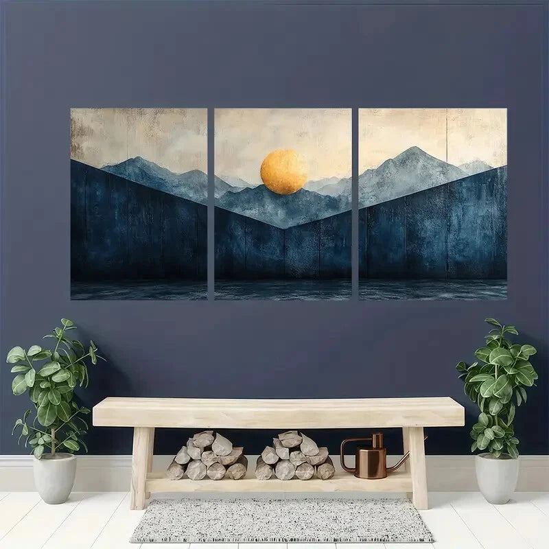 3pcs Abstract Mountain and Sun Blue Pastel Design Metal Print Ready to Hang Art - Bella Home Decor