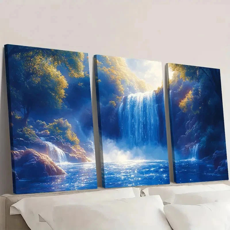 3pcs Glowing Blue Waterfall ER  Wall Art Set Canvas Framed 50x70cm - High Quality Print 100% Australian Made Wall Canvas Ready to Hang - Bella Home Decor