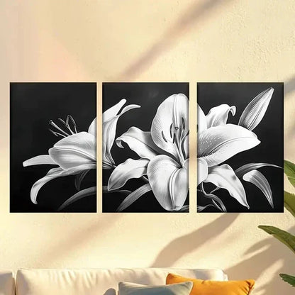 3pcs Dark Black and White Lily Wall Art Set Canvas Unframed – High Quality Print 100% Australian Made Wall Canvas - Bella Home Decor