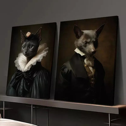 2pcs Black Cat & Bat Gothic Renaissance Portrait Canvas Framed 50x75cm - High Quality Print 100% Australian Made Wall Canvas Ready to Hang - Bella Home Decor