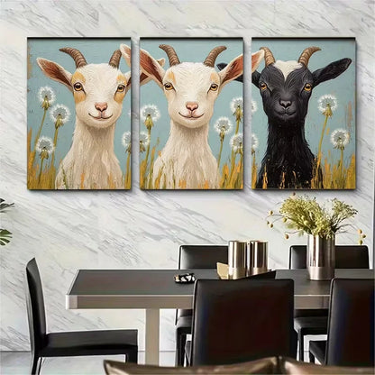 3pcs Three Goat Kids Dandelion Meadow Summer Metal Print Ready to Hang Art