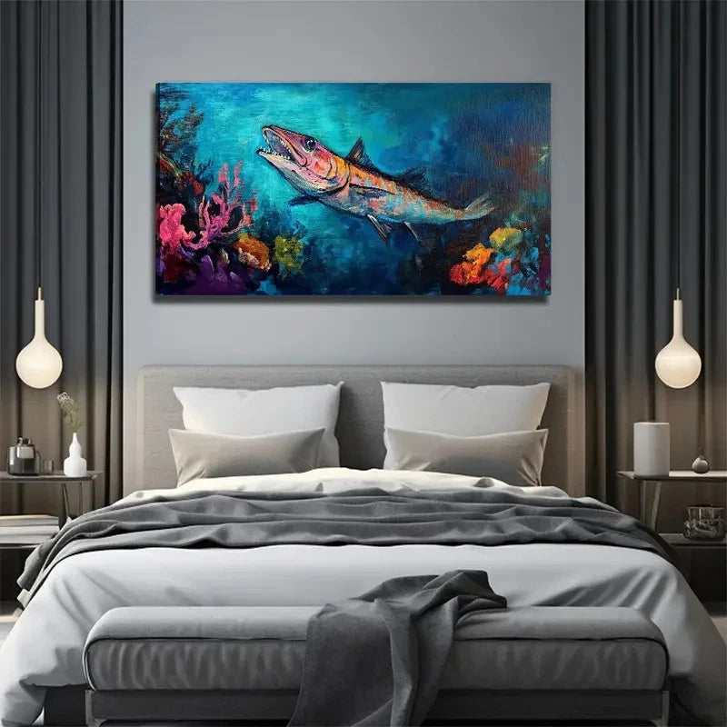Modern Fish Painting - Extra Wall Art Canvas Office Home Room Framed 120x60cm