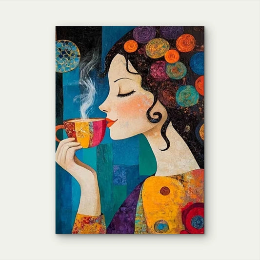 Whimsical Lady with Steaming Coffee 40x60cm Metal Print Ready to Hang