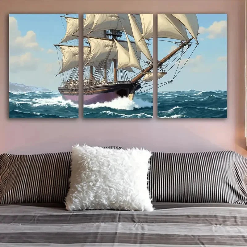 3pcs Tall Ship Artwork Wall Art Set Canvas Framed 40x60cm - High Quality Print 100% Australian Made Wall Canvas Ready to Hang