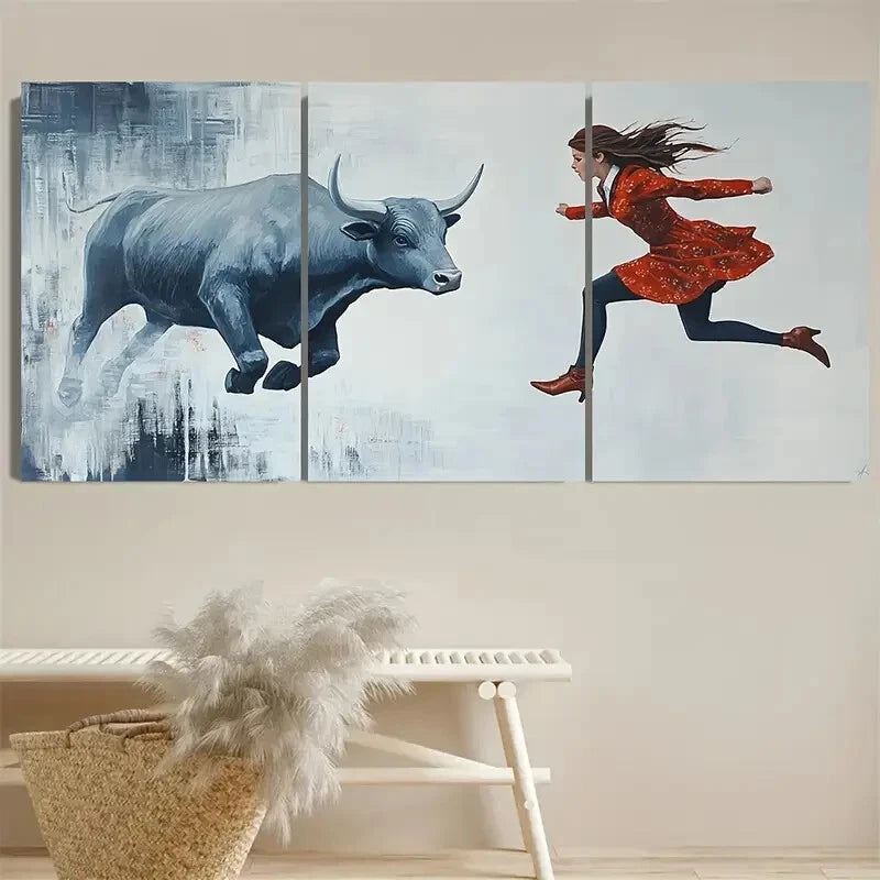 3pcs Bull vs Girl Office Business Illustration Metal Print Ready to Hang Art - Bella Home Decor