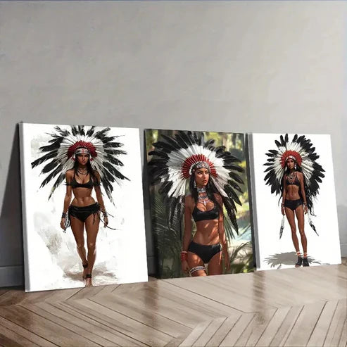 3pcs Indian Girls Wearing Feathered Headdresses Wall Art Set Canvas Unframed - High Quality Print 100% Australian Made Wall Canvas
