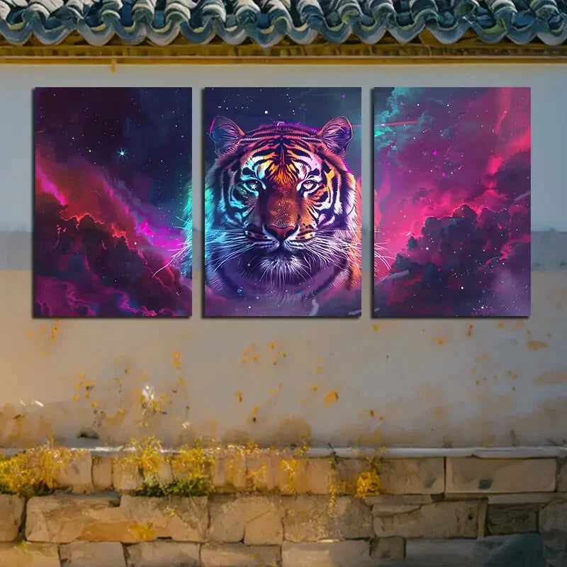 3pcs Vibrant Tiger-Themed Cloudy design Metal Print Ready to Hang Art