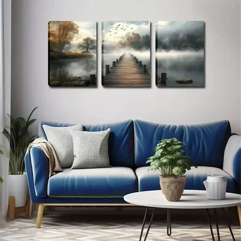 3pcs Serene Lake & Wooden Bridge Triptych Wall Art Canvas Unframed - High Quality Print 100% Australian Made Wall Canvas