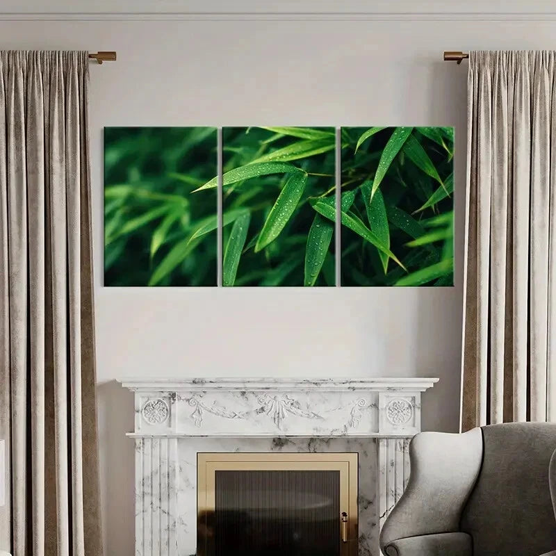 3pcs Green Bamboo Leaves Dew Drops Nature Metal Print Ready to Hang Art - Bella Home Decor