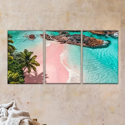 3pcs beach with palm trees and pink sand beach Wall Art Set Canvas Framed 40x60cm - High Quality Print 100% Australian Made Wall Canvas Ready to Hang - Bella Home Decor
