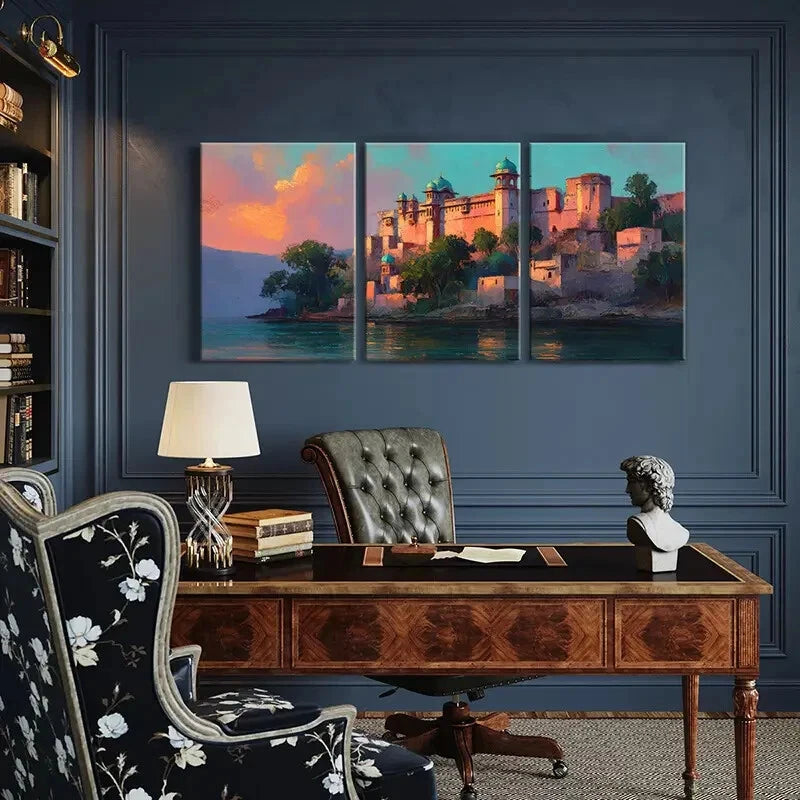 3pcs Castle Landscape Sunset Glow Architectural Metal Print Ready to Hang Art - Bella Home Decor